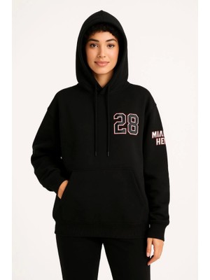 Aesco Üç Iplik Kapüşonlu Ön ve Arka Baskılı Sweatshirt Hoodie - Siyah