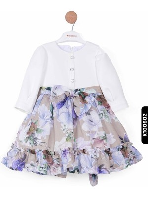 Damasqino Büzgülü Kollu Bohçalı Çiçekli Frıfırlı Kız Çocuk Elbise 2-6 Yaş 10039