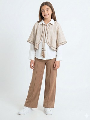 Lanova Kids Bej Püsküllü Pançolu Gömlekli ve Bol Paça Pantolonlu 3lü Kız Çocuk Takım 8-14 Yaş 4430