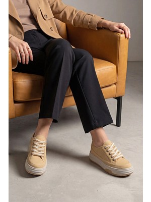 Marjin Kadın Sneaker Yüksek Taban Bağcıklı Bez Spor Ayakkabı Kotnel Sarı Keten