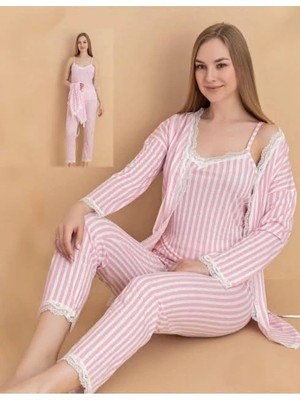 Çamaşır Kenti Stil Moda 6064 Kadın Çizgili Askılı Sabahlıklı Pijama Takımı
