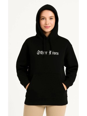 Aesco Üç Iplik Kapşonlu Ön ve Arka Baskılı Sweatshirt Hoodie- Siyah