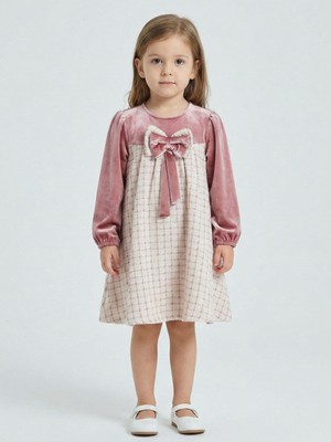 Lanova Kids Kız Çocuk Fiyonk Detaylı Kadife ve Ekoseli Kız Çocuk Elbise 3-7 Yaş 4414