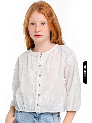 Escabel Süzene Nakışlı Bomber Modeli Büzgülü Kollu Kız Çocuk Bluz 5-14 Yaş 35684