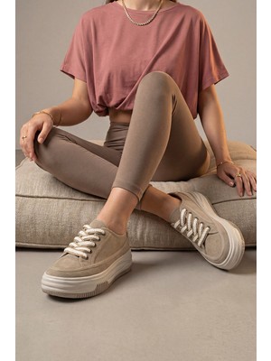 Marjin Kadın Sneaker Yüksek Taban Bağcıklı Bez Spor Ayakkabı Kotnel Camel Süet