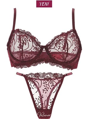 Valunor Kadın Iç Çamaşır Takımı Glam Bordo Askılı Dantelli Çiçekli Balenli Sütyen Takımı Bralet ve Tanga