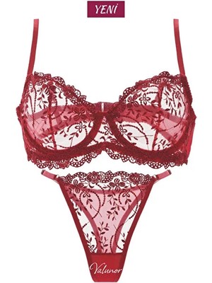 Valunor Kadın Iç Çamaşır Takımı Glam Kırmızı Askılı Dantelli Çiçekli Balenli Sütyen Takımı Bralet ve Tanga