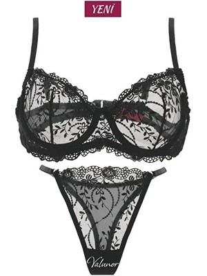 Valunor Kadın Iç Çamaşır Takımı Glam Siyah Askılı Dantelli Çiçekli Balenli Sütyen Takımı Bralet ve Tanga