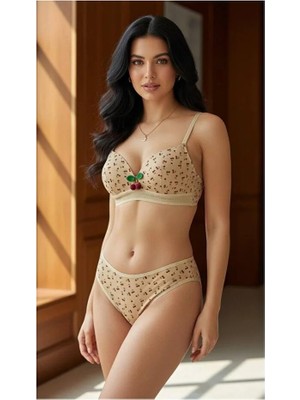 Valunor Kadın Iç Çamaşır Takımı Mesh Young Beyaz Kiraz Desenli Sabit Kap Askılı Sütyen ve Tanga