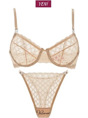 Valunor Kadın Iç Çamaşır Takımı Mesh Bej Çizgili Desenli Dantelli Kapsız Sütyen Esnek Askılı Bralet-Tanga