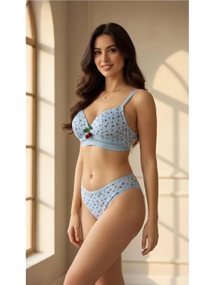 Valunor Kadın Iç Çamaşır Takımı Mesh Young Beyaz Kiraz Desenli Sabit Kap Askılı Sütyen ve Tanga