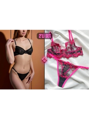 Valunor Mesh Siyah Çizgili Desenli Dantelli Kapsız + Fuşya Çiçek Desenli Esnek Askılı Bralet-Tanga 2'li Set