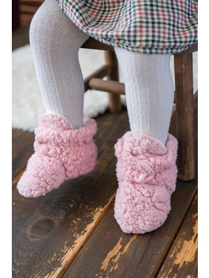 First Step Pembe Peluş Kaydırmaz Tabanlı Erkek Çocuk Pamuk Astarlı Çıtçıtlı Panduf