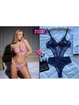 Valunor Lacivert Transparan Balenli Ayarlanır Askılı Bodysuit+Pembe Kalpli ve Çiçekli Balenli Bralet-Tanga