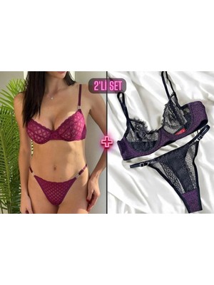 Valunor Spark Mor Dantelli + Mor Çizgili Desenli Dantelli Sütyen Esnek Askılı Bralet-Tanga 2'li Set