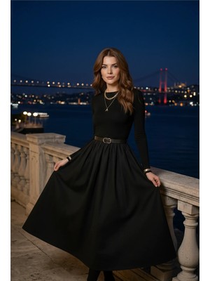 Pastelastore Kemerli Bisiklet Yaka Uzun Elbise