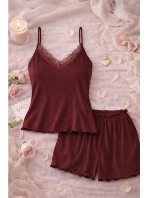 Koza İç Giyim Kadın Viskon Yumuşak Dokulu Dantelli Ip Askılı Şortlu Pijama Takımı