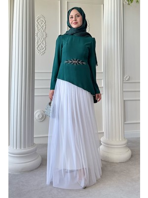 inStyle Tül Etekli Taş Detaylı Zümrüt Yeşili Elbise