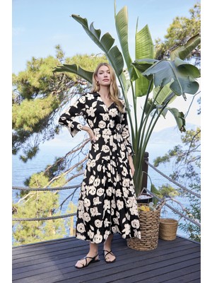 Monamise Kadın Desenli Önü Düğmeli Uzun Kollu Gömlek Yaka Elbise 25059