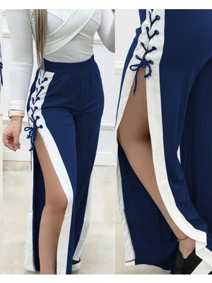 Aesco Kadın Yüksek Bel Yandan Çapraz Bağcıklı Yırtmaçlı Viskon Iki Iplik Pantolon