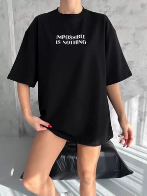 Aesco Unisex Bisiklet Yaka Baskılı Oversize T-Shirt - Siyah