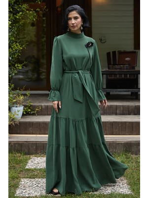 inStyle Çiçek Broş Detay Kuşaklı Haki Elbise