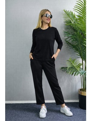 Aesco Kadın Uzun Kol Bisiklet Yaka Bürümcük Bluz ve Pantolon Ikili Takım