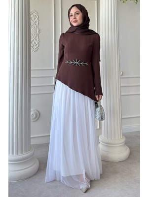inStyle Tül Etekli Taş Detaylı Acı Kahve Elbise