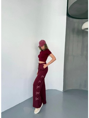 Aesco Osy Modal Yumuşak Dokulu Kumaş Nakış Işlemeli Rahat Bol Paça Eşofman Pantalon - Bordo