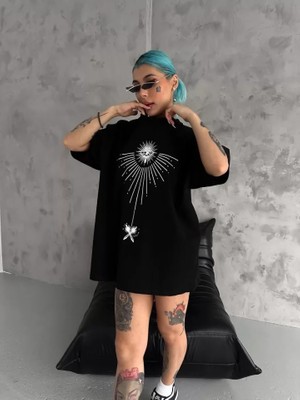 Aesco Unisex Bisiklet Yaka Baskılı Oversize T-Shirt - Siyah