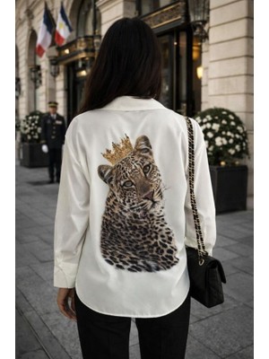 Aesco Kadın Leopar Baskılı Taş Işlemeli Jessica Kumaş Gömlek