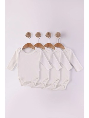 Kidello Ekru Zıbın Organik Uzun Kollu Bady % 100 Pamuk Kumaş Ekonomik Basic Unisex Kız ve Erkek Bebek 4 Lü Body Zıbın 1 Ay 3 Ay 6 Ay 9 Ay