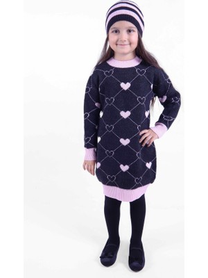 Damasqino Kız Çocuk Şapkalı Çoraplı Kalıp Desenli Yuvarlak Yakalı Yünlü Elbise 3-7 Yaş 2316