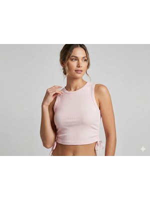 Edoy Yandan Ipli Crop Bağcıklı %100 Pamuklu Büzmeli Kız Atlet