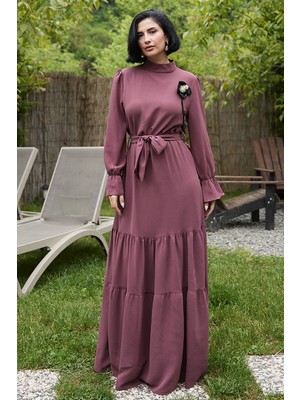 inStyle Çiçek Broş Detay Kuşaklı Gül Kurusu Elbise