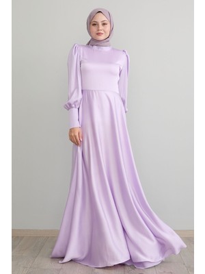 inStyle Kol Ucu Fermuarlı Lila Saten Elbise