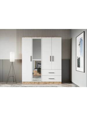 Zita 4 Kapaklı Gardırop - Antık Cam & Mat Beyaz - Çekmeceli Raflı Aynalı