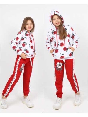 Güllü Detaylı Kapşonlu Kız Çocuk Eşofman Takımı Tuhfetower