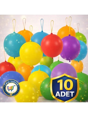 10 Adet Lastikli Zıpzıp Balon Ipli Punch Panç Büyük Balon