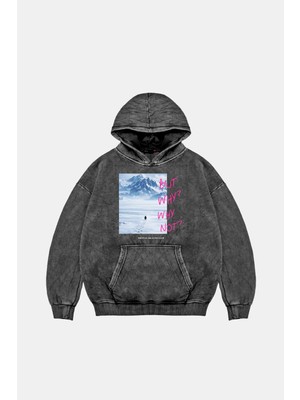 Sekizbiraltı But Why Baskılı Oversize Unisex Yıkamalı Siyah Hoodie
