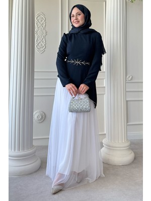 inStyle Tül Etekli Taş Detaylı Lacivert Elbise