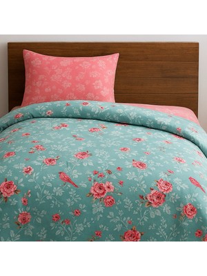 Fugo Concept Bienline Happines Tek Kişilik Pamuklu Nevresim Takımı - Turkuaz Gül Desenli 160X240 Düz Çarşaflı Set