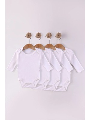 Kidello Beyaz Zıbın Organik Uzun Kollu Bady % 100 Pamuk Kumaş Ekonomik Basic Unisex Kız ve Erkek Bebek 4 Lü Body Zıbın 1 Ay 3 Ay 6 Ay 9 Ay