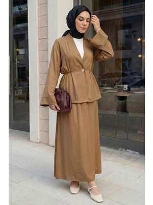 inStyle Şal Yaka Gold Düğmeli Sütlü Kahve Takım