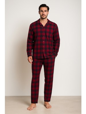 Bony Socks Erkek Ekose Desenli Düğmeli Pijama Takımı Bordo