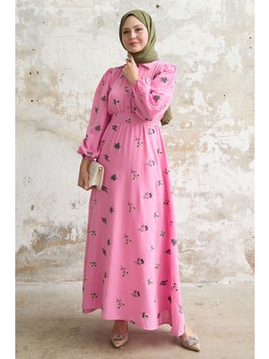 inStyle Gömlek Yaka Nakışlı Fuşya Elbise
