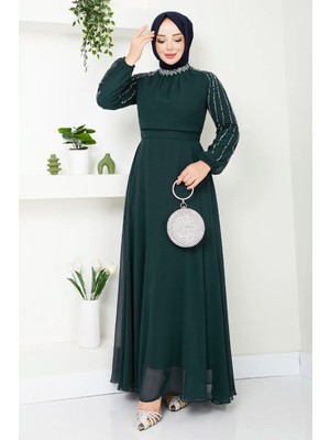 inStyle Kolları Taşlı Pullu Zümrüt Yeşili Şifon Abiye