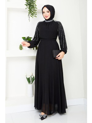 inStyle Kolları Taşlı Pullu Siyah Şifon Abiye
