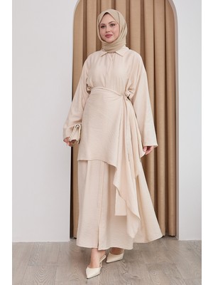 inStyle Belden Bağlamalı Bej Ayrobin Elbise
