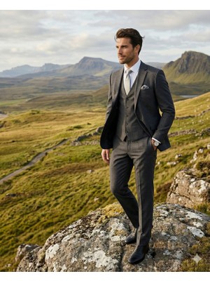 Fabio Cassel Slim Fit  Mono Yaka Çift Yırtmaçlı Astarlı Takım Elbise Yelekli